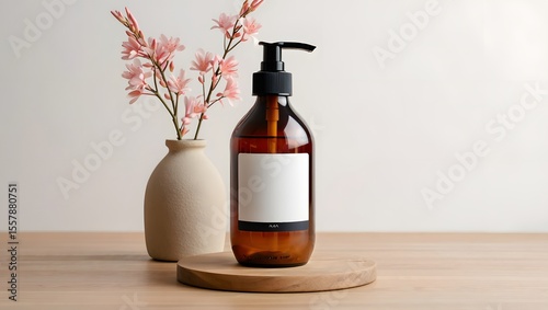 Amber Glass Shampoo Bottle Mockup with White Label and Pink Flowers