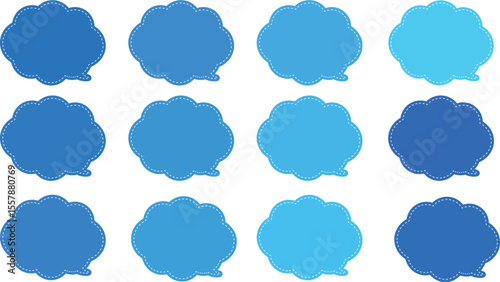 All the bubbles have a distinctive, rounded, cloud-like, or scalloped edge design. This vector image features twelve speech bubbles. Speech bubble with a white dashed line inside