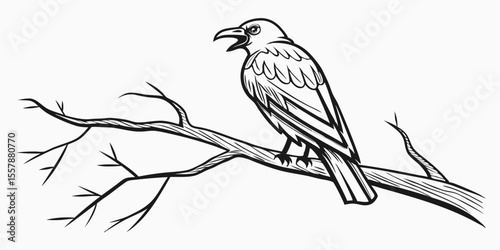 Illustration of a raven perched on a bare branch with its beak open in a black and white drawing created with generated ai