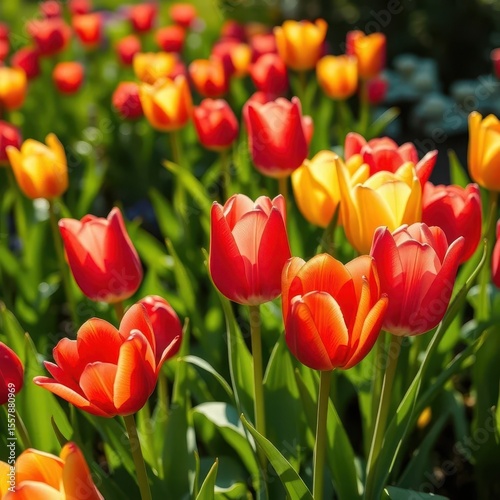 Vibrant tulips in full bloom, sunlight illuminating petals, colorful, sunshine, petals