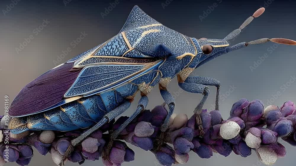 Detailed Blue Stink Bug on Lavender: Macro Insect Close-Up