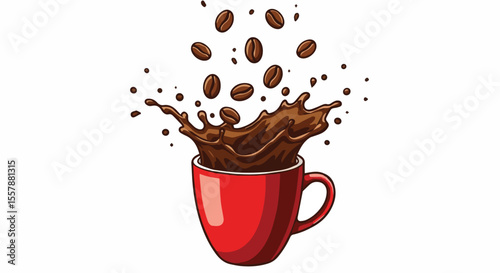 Coffee Splash in Red Mug with Flying Beans 