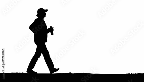 Silhouette of elderly woman jogging at dawn, holding a water bottle, simple and minimalistic style, representing health and fitness, concept of wellness and active lifestyle.