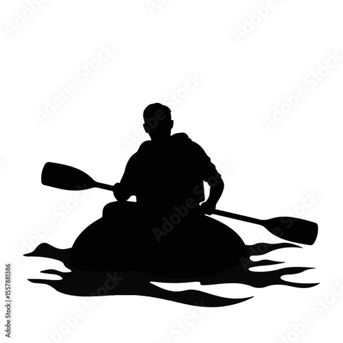 Silhouette of adventurous rafter navigating rapids, black and white, isolated on white background, outdoor adventure concept.