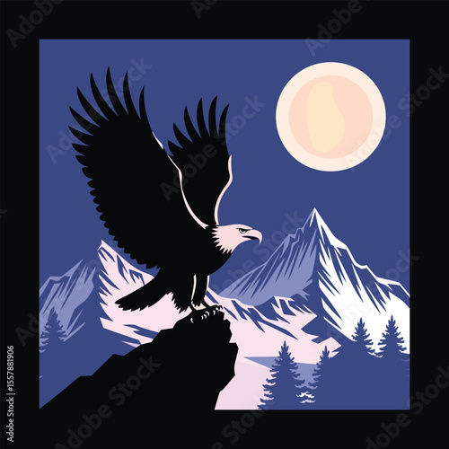A powerful eagle spreads its wings while perched on a rocky cliff under a full moon, with snow-covered mountain peaks and pine trees in the background. The artwork evokes strength, freedom.