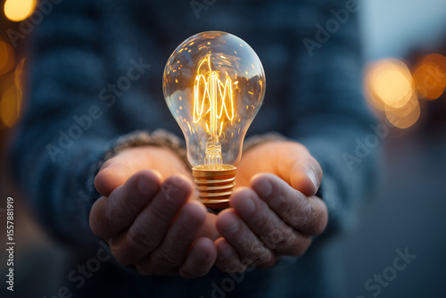 Glowing lightbulb in hands: warm led idea & innovation concept