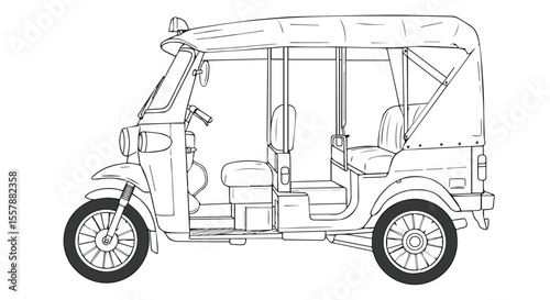 Vector Illustration of Traditional Auto Rickshaw or Tuk-Tuk Side View