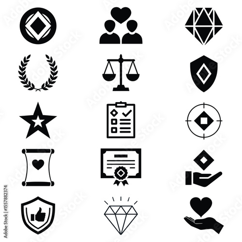 Quality, Premium & Achievement Icons Set. quality vector icons, premium symbol set, achievement graphic kit, loyalty reward icons, success outline solid, diamond heart icons.