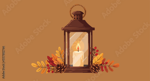 Cozy Autumn Lantern with Lit Candle, Leaves, and Pinecones