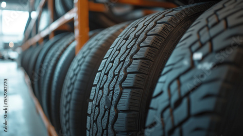 Many black rubber car tires neatly stacked in rows inside a well-organized tire shop and auto parts warehouse. Tires available for various vehicles including cars and trucks, providing customers with 