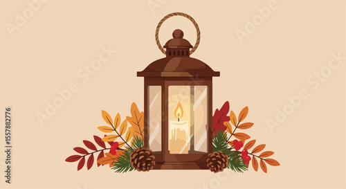  Cozy Autumn Lantern with Lit Candle, Leaves, and Pinecones