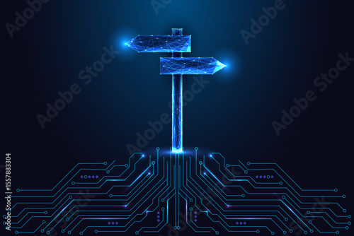 Digital glowing signpost above circuit board, AI decision making and smart navigation vector