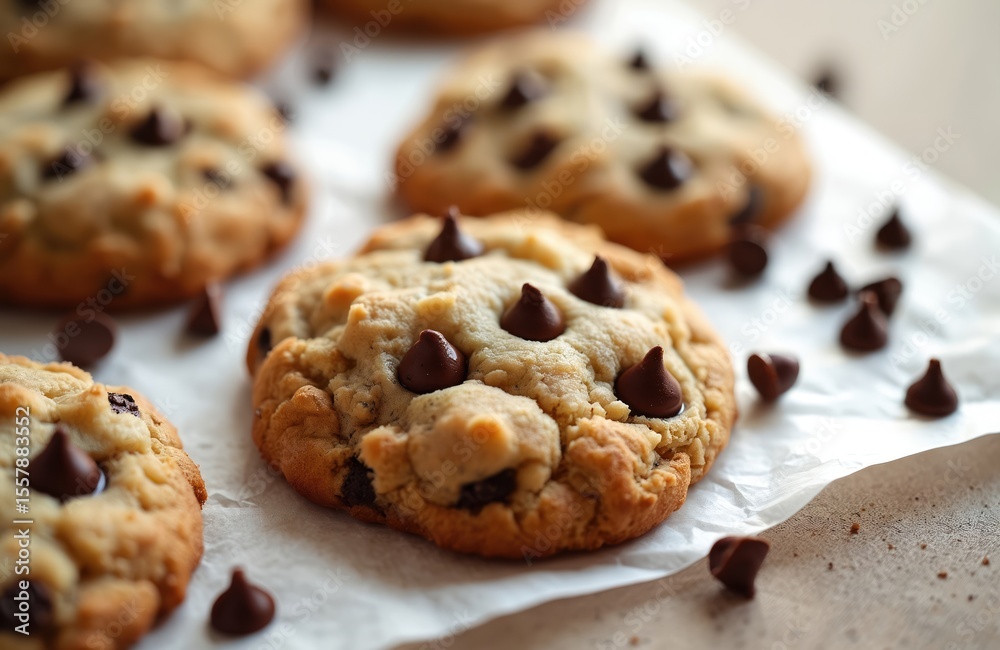 Freshly baked chocolate chip cookies on parchment paper. Gold brown texture, crunchy edges, chewy inside. Homemade dessert, snack. Sweet treats, oven, bakery shop, delicious food, perfect snack. Freshly baked chocolate chip cookies on parchment paper. Gold brown texture, crunchy edges, chewy inside. Homemade dessert, snack. Sweet treats, oven, bakery shop, delicious food, perfect snack.