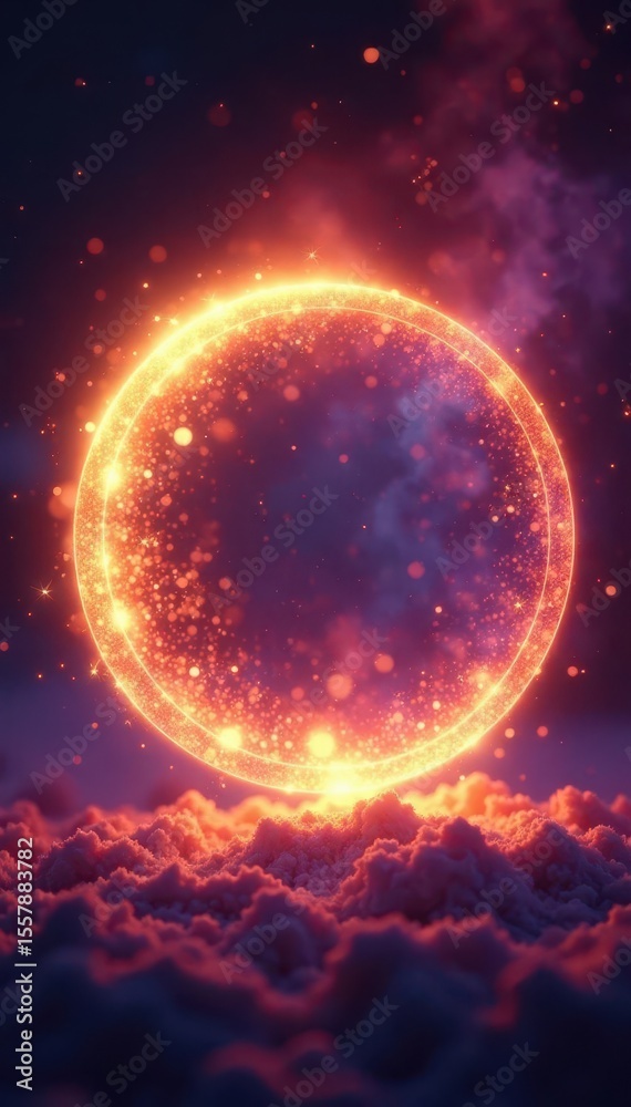Fototapeta premium Ethereal glow surrounds a circular shape with soft, warm edges, cosmic energy, celestial body