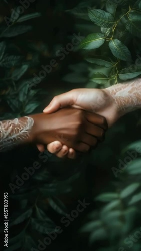 Unity and connection, handshake amidst nature's embrace.