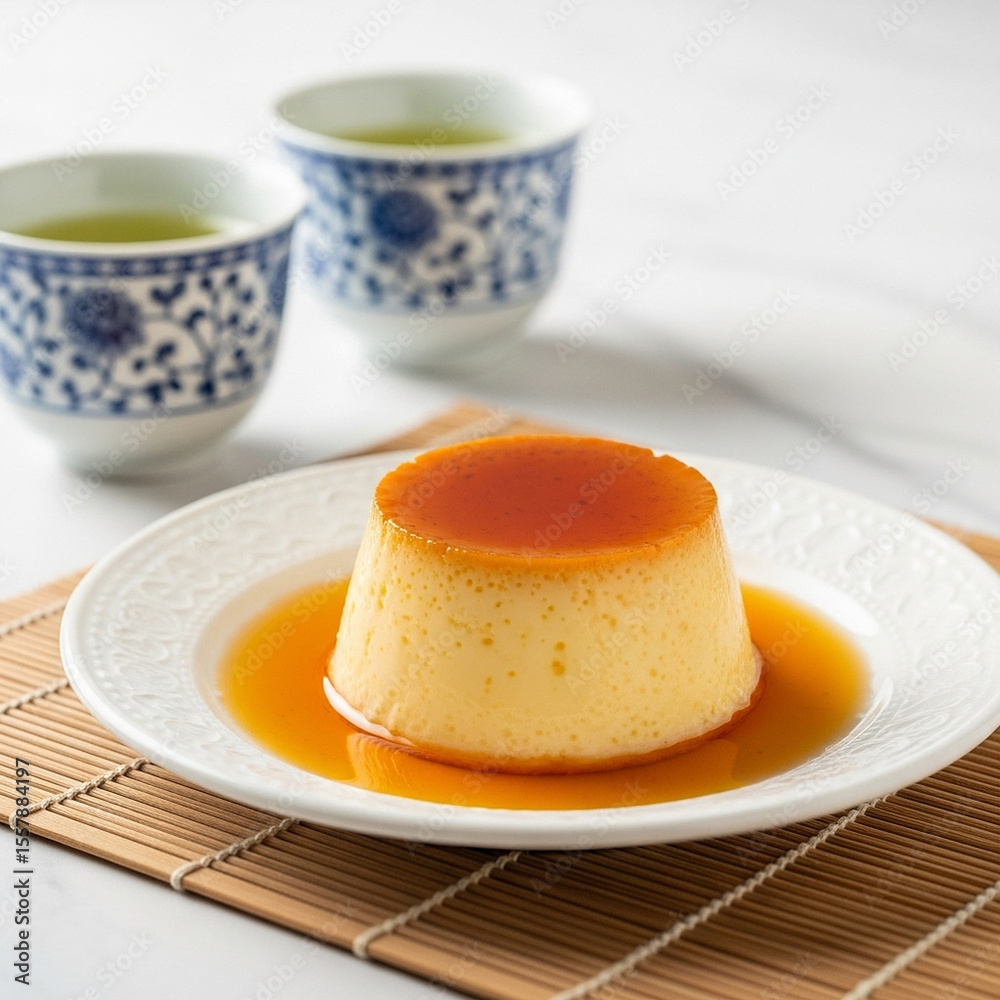 Fototapeta premium Delicious Creamy Caramel Pudding and Cake