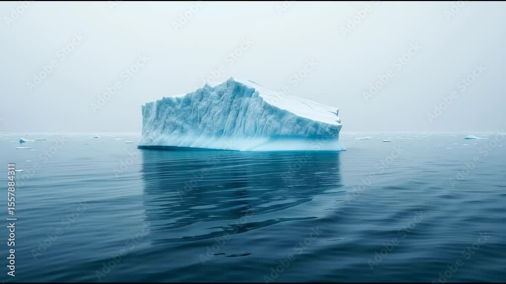 Minimalist scene featuring a pale iceberg floating serenely in a calm, reflective sea. Soft muted colors and expansive negative space evoke tranquility, isolation, and the quiet beauty of nature’s Arc