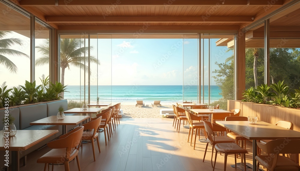 Fototapeta premium Beachfront restaurant with ocean view, sunny daytime. Empty tables chairs, design, decor. Tropical resort, vacation cafe. Interior dining room, panoramic windows overlooking ocean. Concept of travel