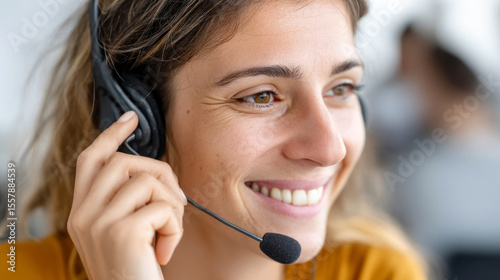 Smiling call center operator nodding in agreement, confirming positive customer solution