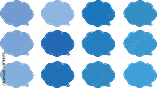 All the bubbles have a distinctive, rounded, cloud-like, or scalloped edge design. This vector image features twelve speech bubbles. Speech bubble with a white dashed line inside