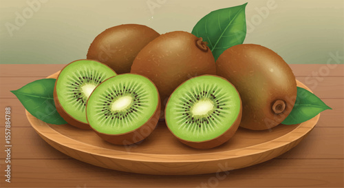 Fresh Whole and Sliced Kiwi Fruit on a Wooden Plate