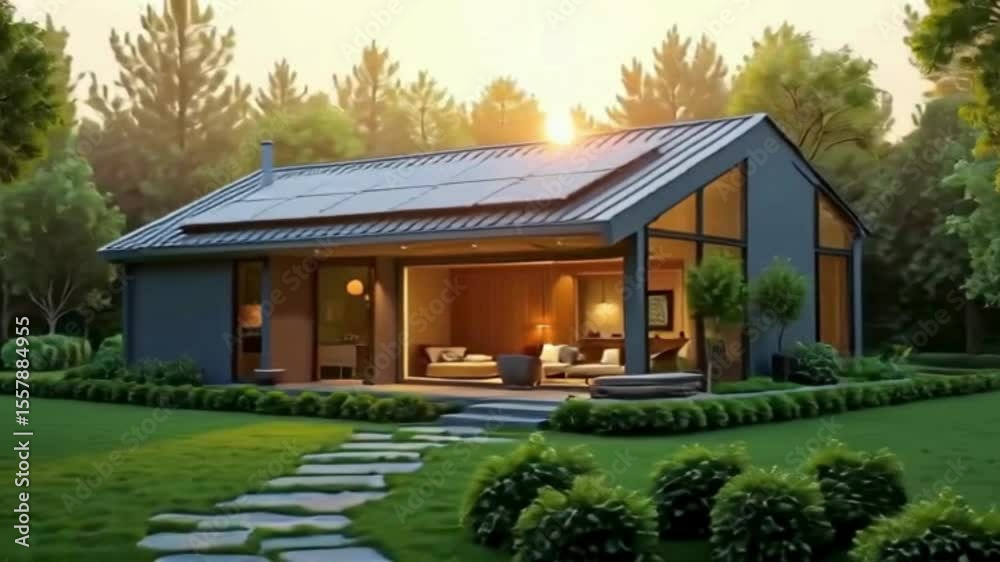 Contemporary house design showcases sustainable living, featuring solar panels and an inviting open floor plan, surrounded by a lush green lawn and mature trees.