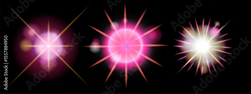 Vector illustration of three glowing lens flare effects on black. Styles are modern and digital, using bright pink, white, yellow, and soft, radiant, spiked circular shapes.
