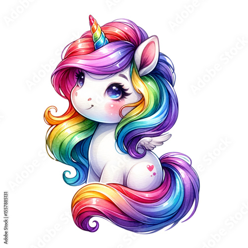 Rainbow Unicorn: A whimsical illustration of an adorable unicorn with a flowing rainbow mane and tail, embodying magical charm and cuteness.