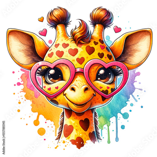 Sweetheart Giraffe with Love Glasses: A cheerful giraffe, adorned with heart-shaped spots and wearing adorable heart glasses, radiates joy against a vibrant watercolor backdrop.