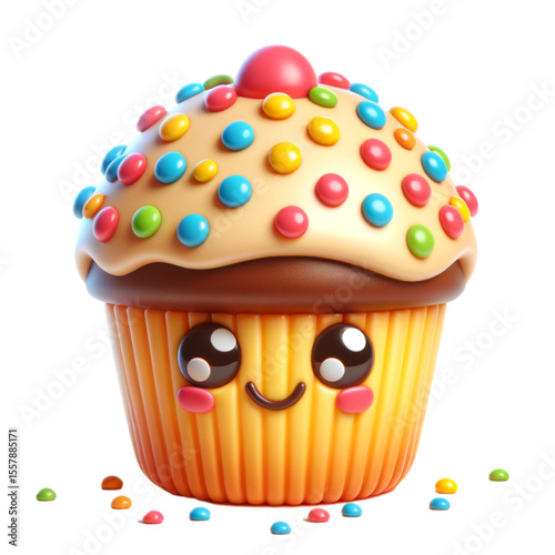 Happy Cupcake: A cheerful cupcake with colorful sprinkles and a happy face smiles invitingly.