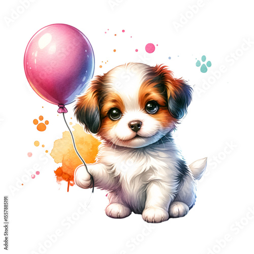 Puppy with Balloon: An adorable puppy, joyfully clutching a pink balloon, embodies happiness and innocence. A vivid watercolor backdrop intensifies the playful atmosphere.
