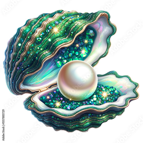 Emerald Pearl in Oyster: A luminous pearl rests within a shimmering emerald green oyster shell, adorned with sparkling crystals. The scene evokes luxury, rarity, and natural beauty.
