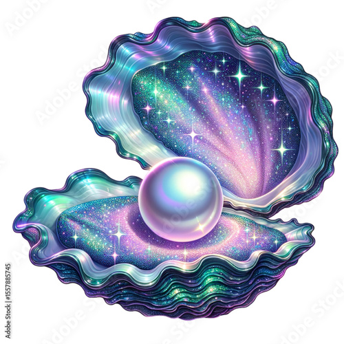 Cosmic Oyster and Pearl: This mesmerizing artwork features an oyster shell with a celestial interior, cradling a lustrous pearl, a symbol of both beauty and the mysteries of the universe. 