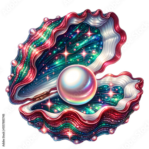 Celestial Pearl in Iridescent Shell: A luminous, perfectly round pearl radiates within an open, iridescent shell, its surfaces shimmering with an ethereal glow, and a cosmic backdrop.