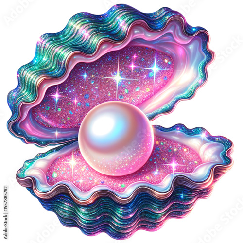 Luminous Pearl: The image presents a pristine pearl, radiating a soft glow, nestled within a vibrant, intricately designed oyster shell, evoking the allure of marine beauty and hidden treasure.