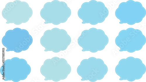 All the bubbles have a distinctive, rounded, cloud-like, or scalloped edge design. This vector image features twelve speech bubbles. Speech bubble with a white dashed line inside