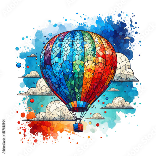 Skybound Adventure: A vibrant, eye-catching hot air balloon, brimming with a kaleidoscope of colors, floats gracefully amidst a dreamy sky dotted with fluffy clouds and painterly splashes.