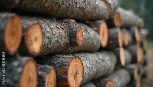 Stacked wood logs ready transport. Timbering forestry in rural area, nature background. Preparation seasonal materials for harvest. Close-up round trunk texture.