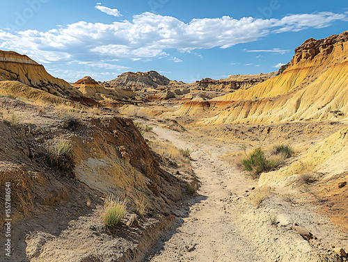 dry, sun cracked badlands with narrow trails winding through colorful erosion patterns, intense midday heat