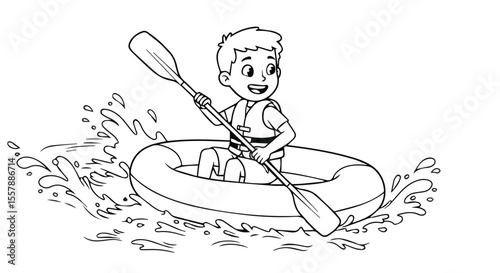 Outline Illustration of a Boy White Water Rafting