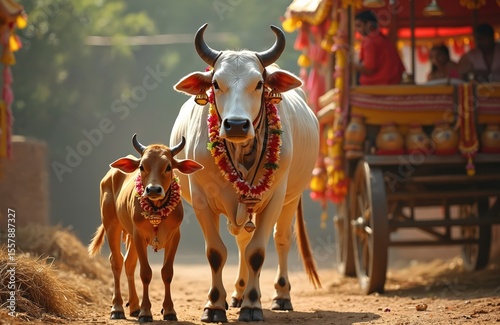 Pongal celebration in south India with decorated cows, prosperity. Traditional religious harvest festival with animals. Cow mother with calf, decorative ornaments, garlands. Holy animal in