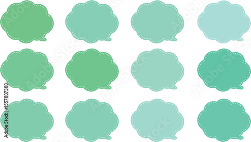 All the bubbles have a distinctive, rounded, cloud-like, or scalloped edge design. This vector image features twelve speech bubbles. Speech bubble with a white dashed line inside.