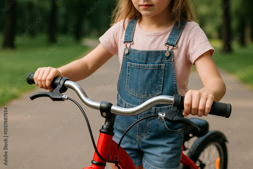 Obraz premium Young girl riding a red bicycle in a park wearing denim overalls and a pink shirt. concept of childhood outdoor activity, freedom, and adventure.