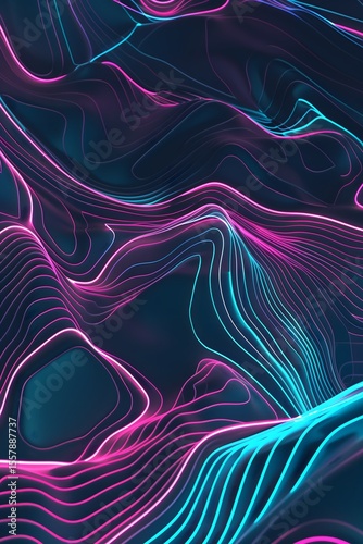 A visually stunning abstract image featuring undulating dark terrain overlaid with glowing neon lines in pink and blue. This unique artwork combines organic shapes with futuristic lighting effects.