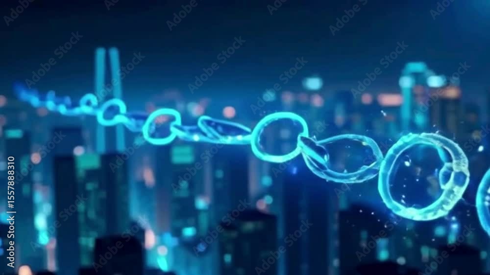 Digital chain against futuristic cityscape represents blockchain technology, finance, security, and decentralized networks, offering a modern backdrop for innovation.