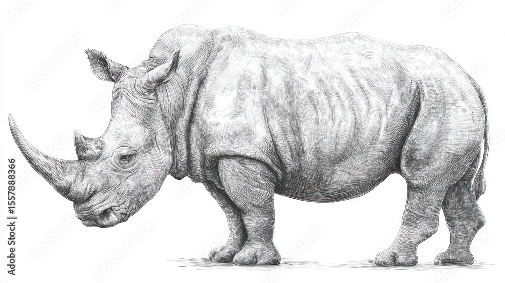 Fototapeta premium Detailed pencil sketch of a white rhinoceros