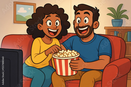 Joyful couple watching movie and eating popcorn together at home in cozy living room. concept of relaxation, home entertainment, quality time