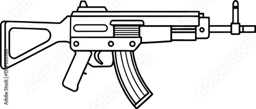 Outline illustration of a machine gun weapon in black and white vector format