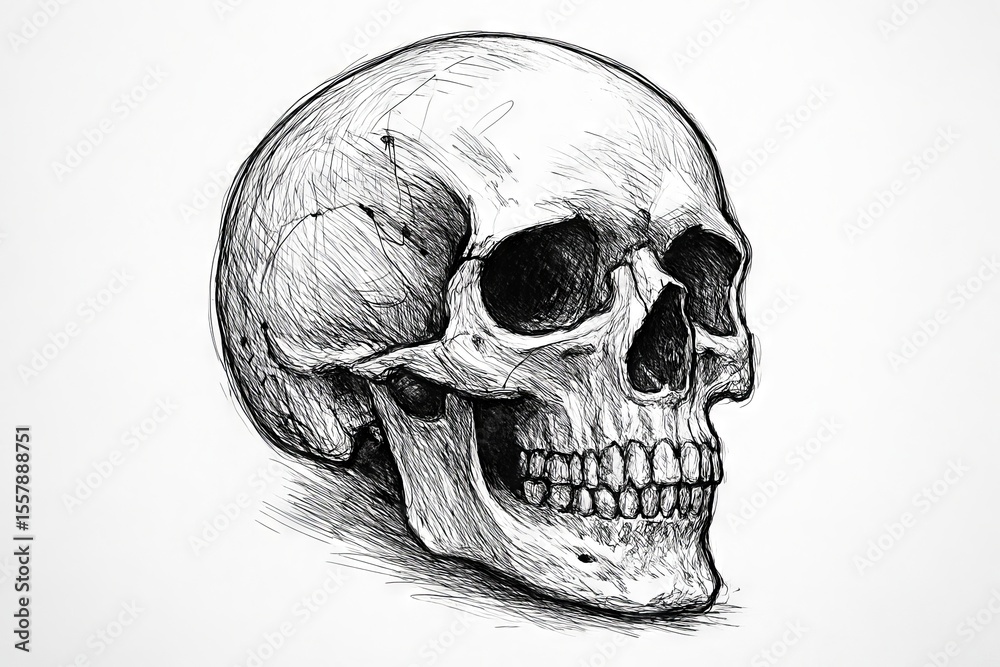 Obraz premium Black and white human skull illustration with simple composition for artistic design concepts, minimalist sketch, Halloween decor, isolated on white background