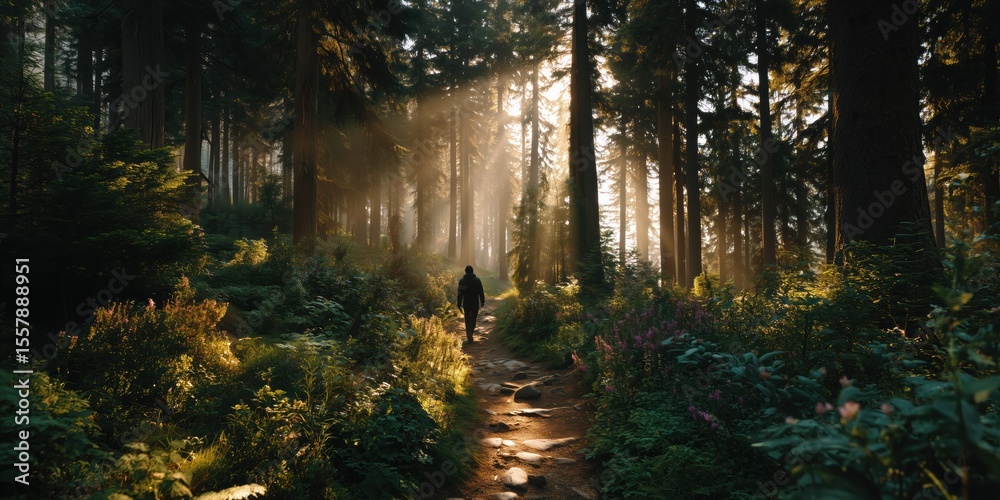 Obraz premium Tranquil Forest Path Illuminated by Warm Sunlight